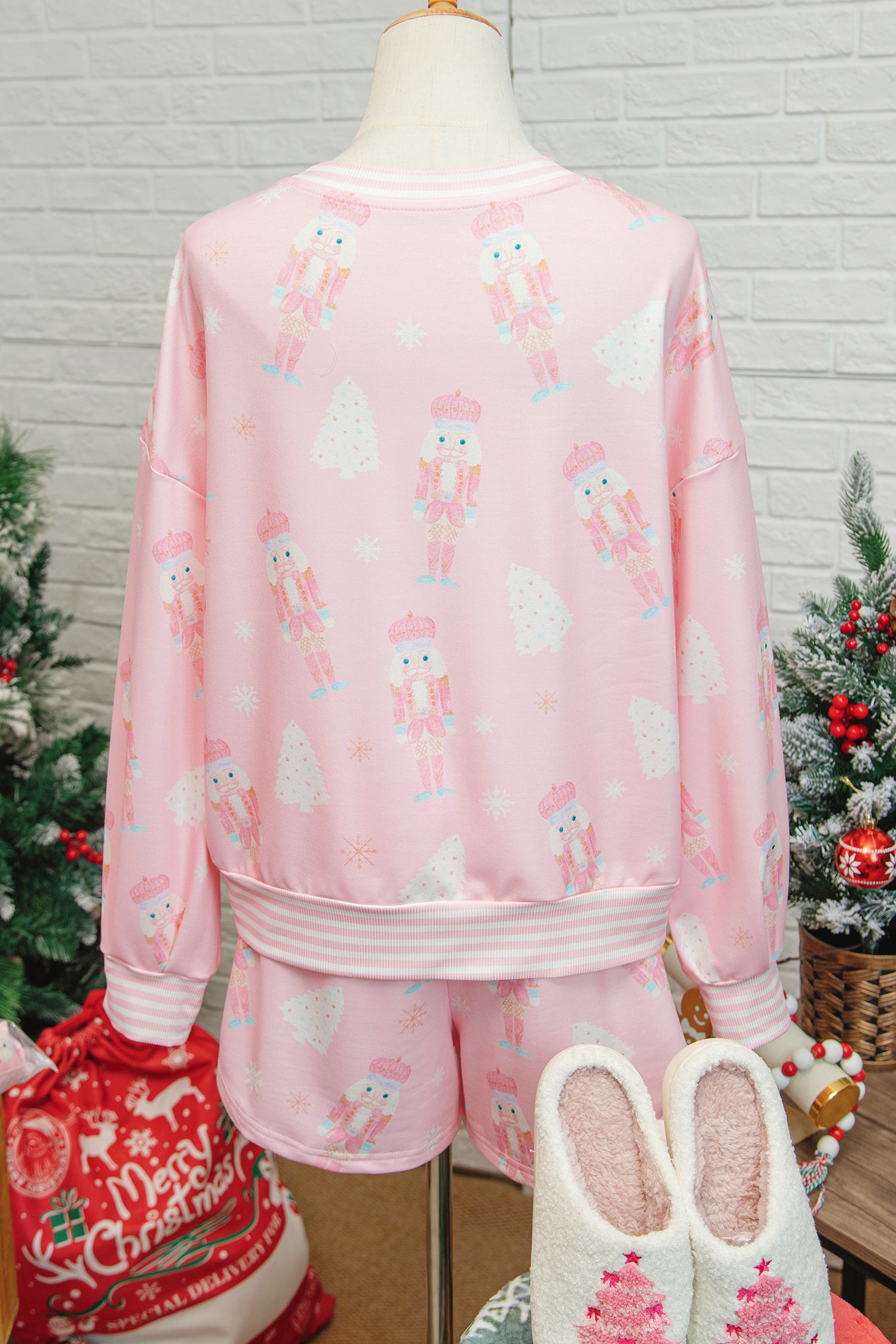 Pink Christmas Tree Nutcracker Doll Print Contrast Trim Long Sleeve Top Matching Shorts Set