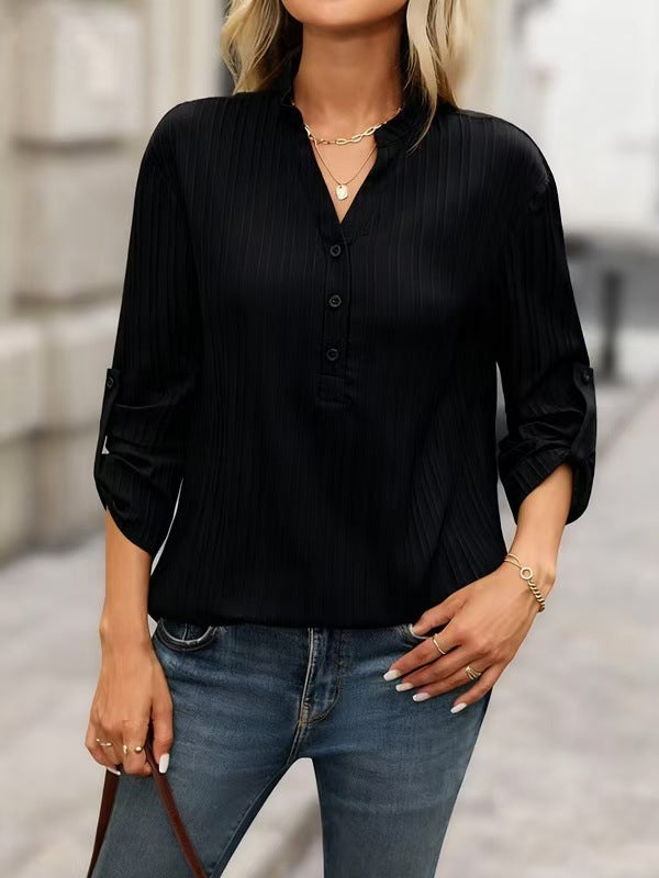 V-neck Partially Open-buttoned Shirt Fashionable And Versatile Top