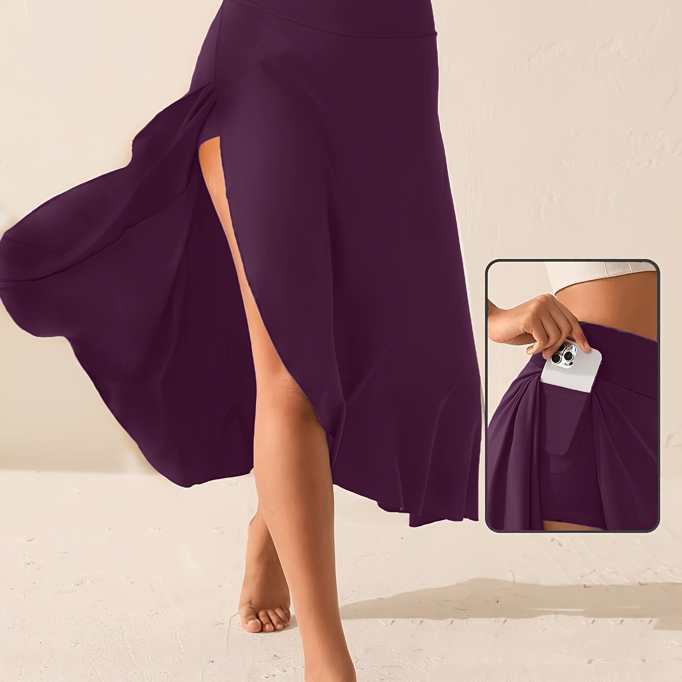 Womens Solid-Color High-Waisted Side-Slit Skirt