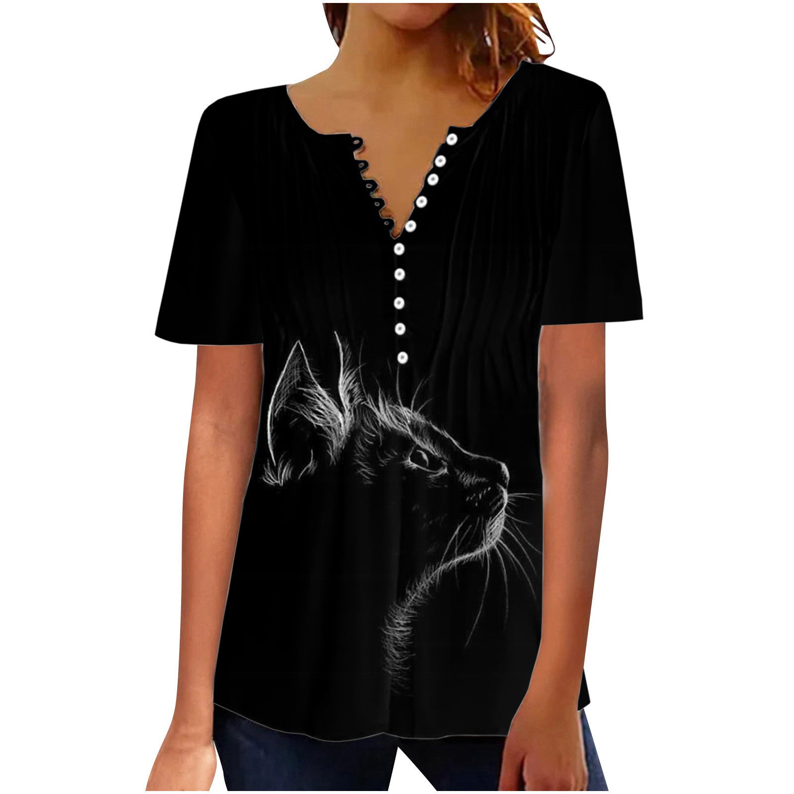 Women's Digital 3D Printed Pleated Round Neck T-shirt