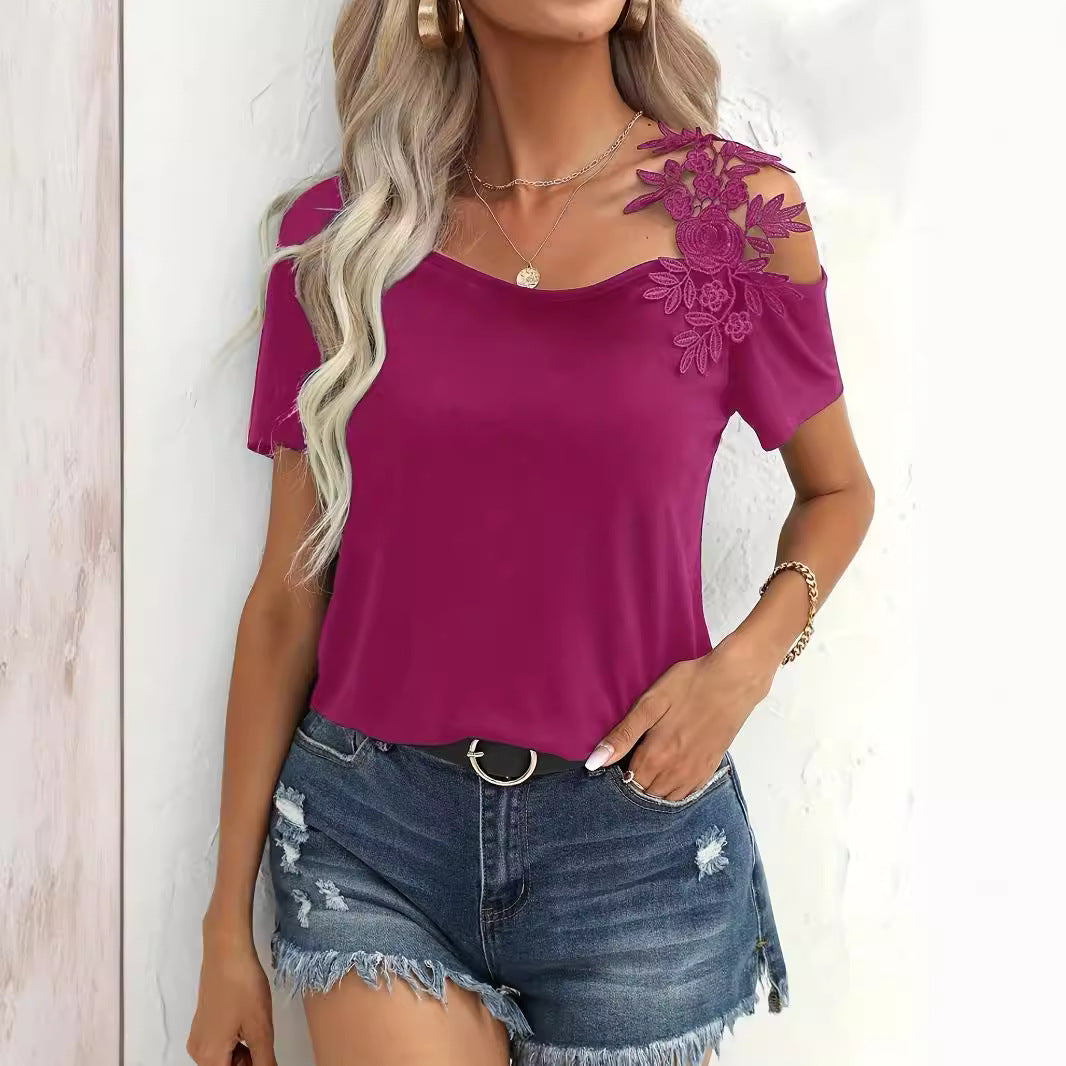 New Solid Color Stitching Fashion Lace T-shirt Women's Top