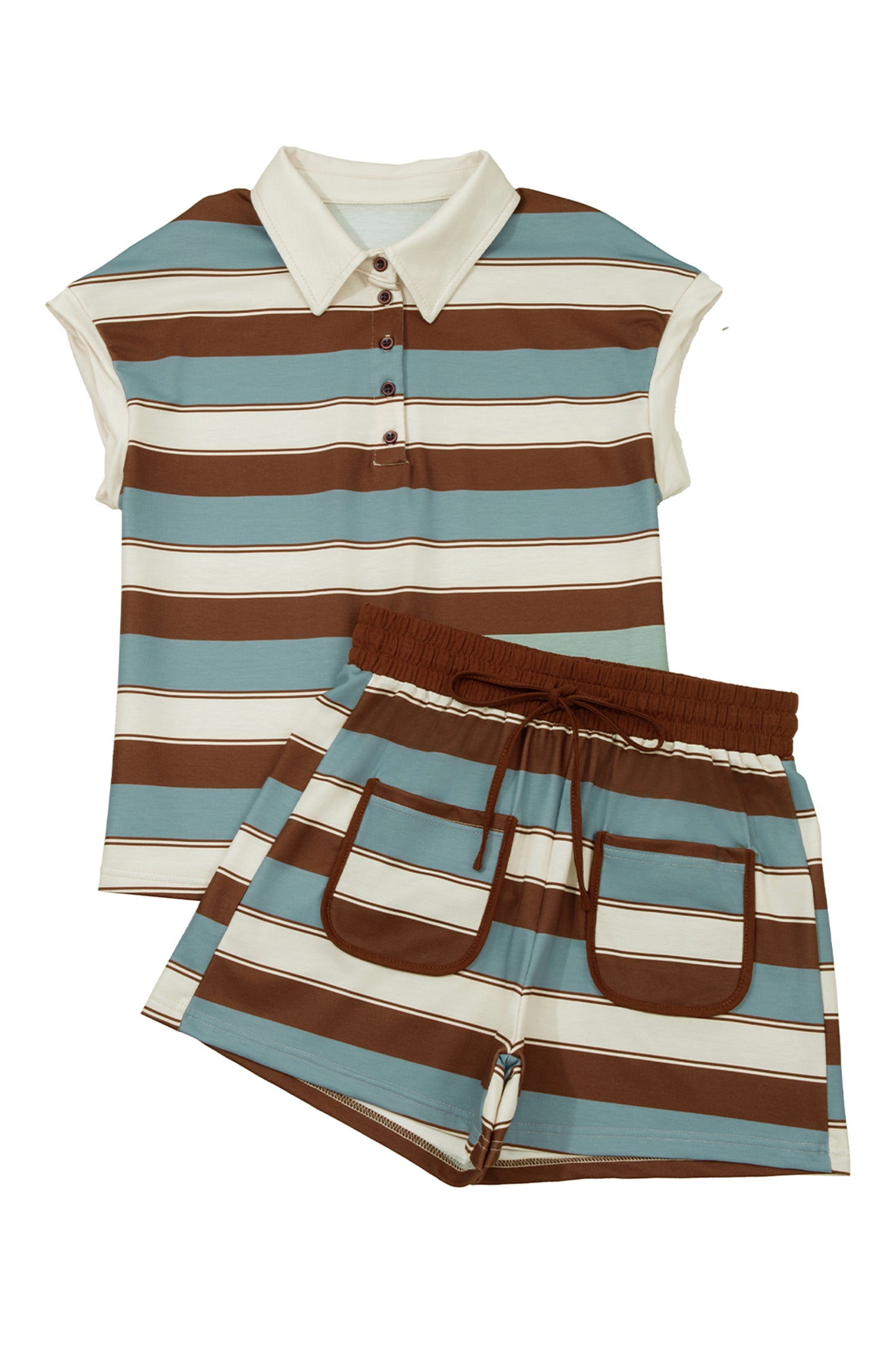White Stripe Button Polo Collar Tee Drawstring Elastic Waist Patchwork 2pcs Short Set