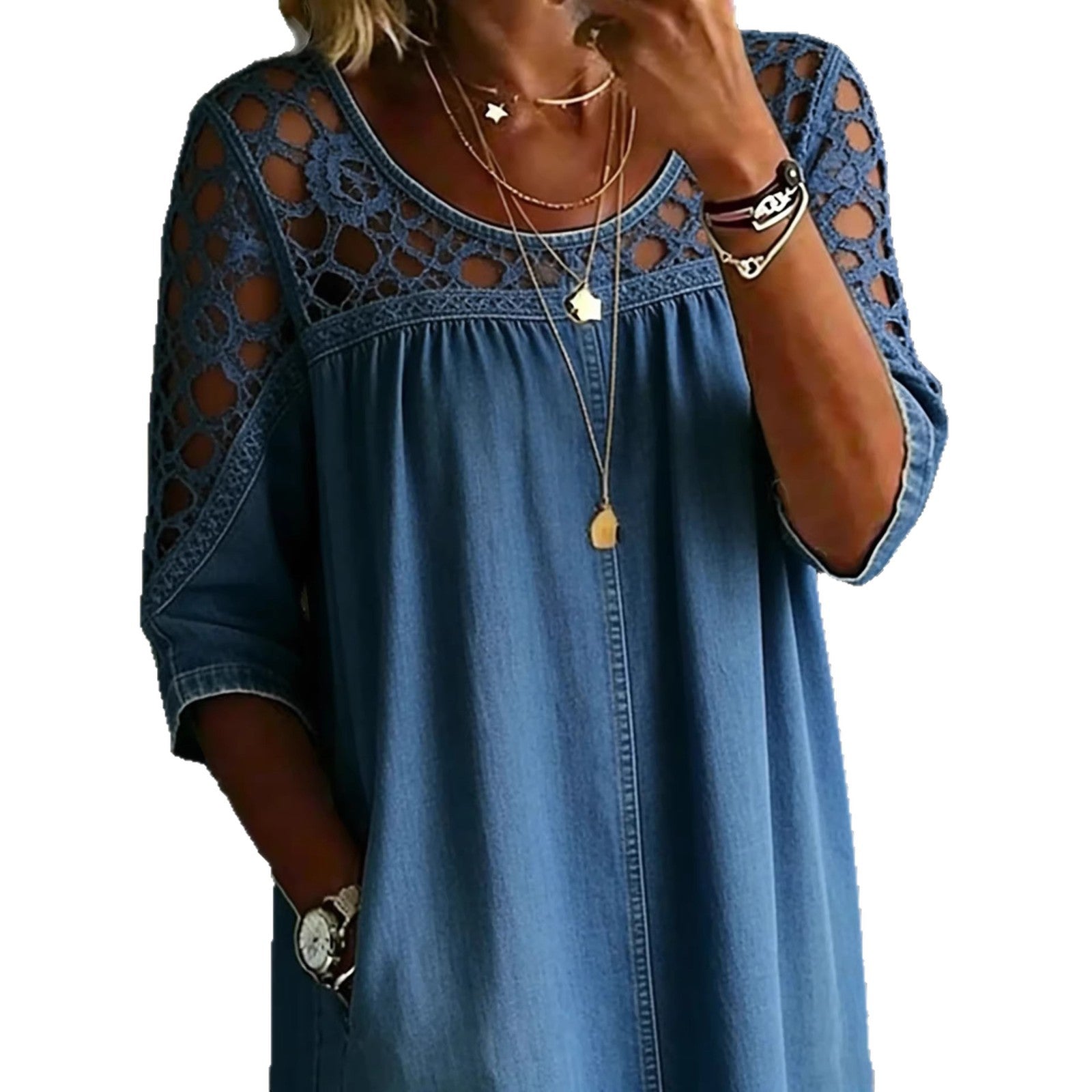 Loose-fitting Hollow-out Lace Womens Denim Shirt