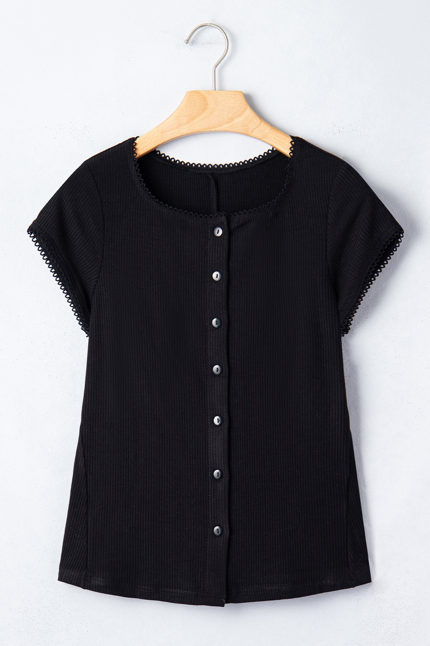 Black Solid Color Ribbed Knit Lace Trim Button Down Short Sleeve Top