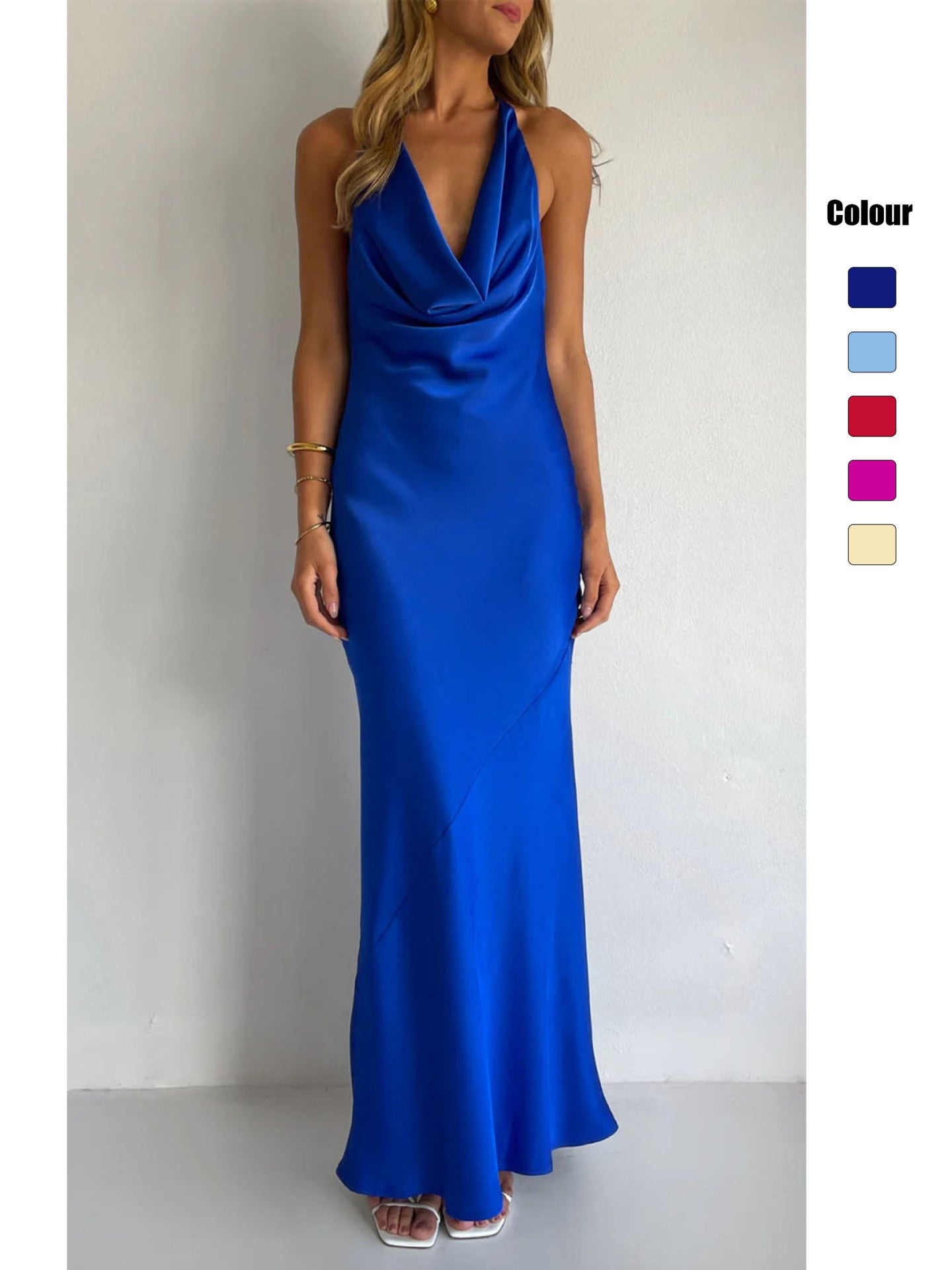 Hanging Neck Solid Color Slim Fit Dress Mid Length Dress