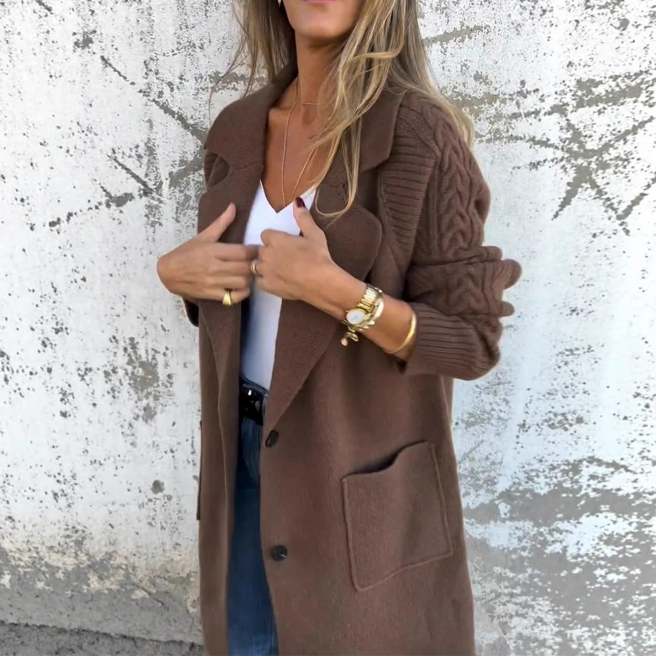 Women's Twist Knit Stitching Lapel Large Coat