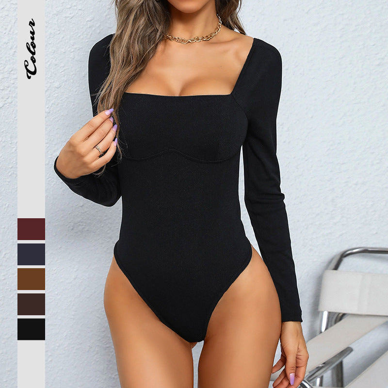 Tight Off-neck Sunken Stripe Knitted Jumpsuit