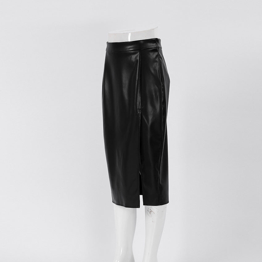 European And American Leisure Split High Waist Leather Skirt