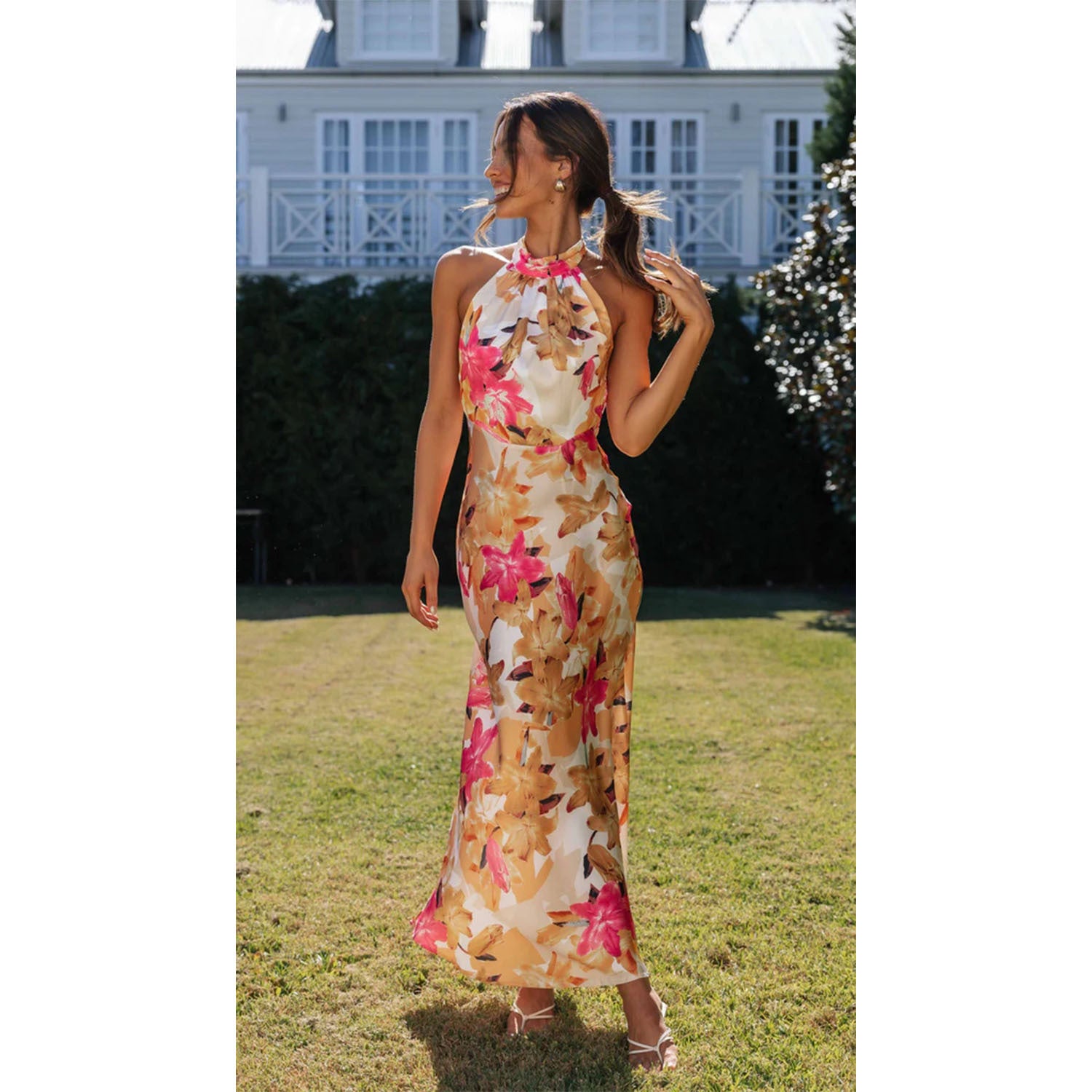 Flower Digital Print Sweet Hanging Neck Mid Length Dress