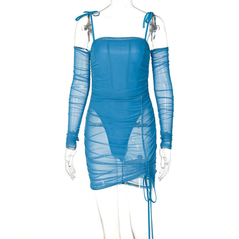 One-way Neck Mesh See-through Stitching Suspender Dress