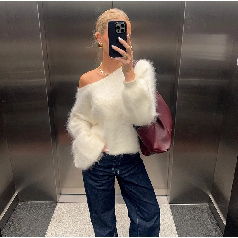 New Loose Diagonal Collar Solid Color Sweater For Women