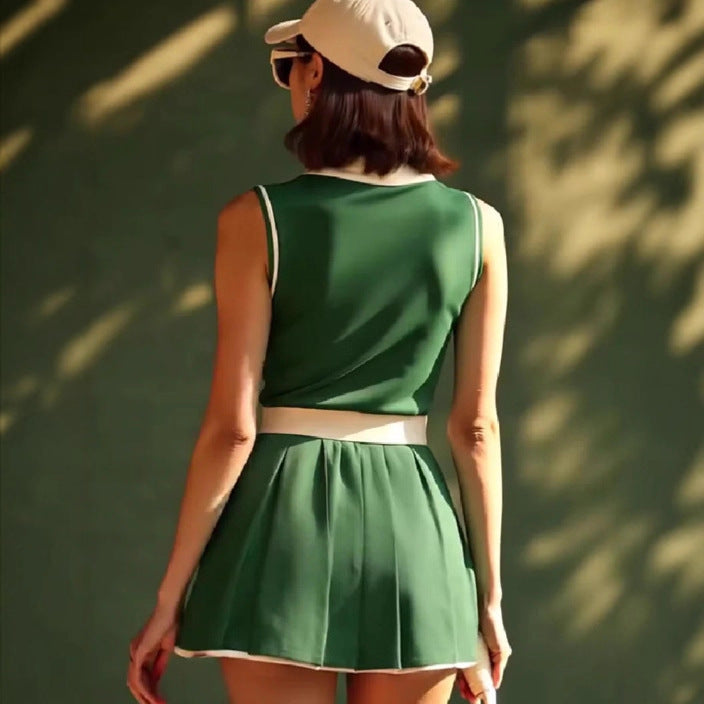 White Embellishments Green Sleeveless Mini Skirt
