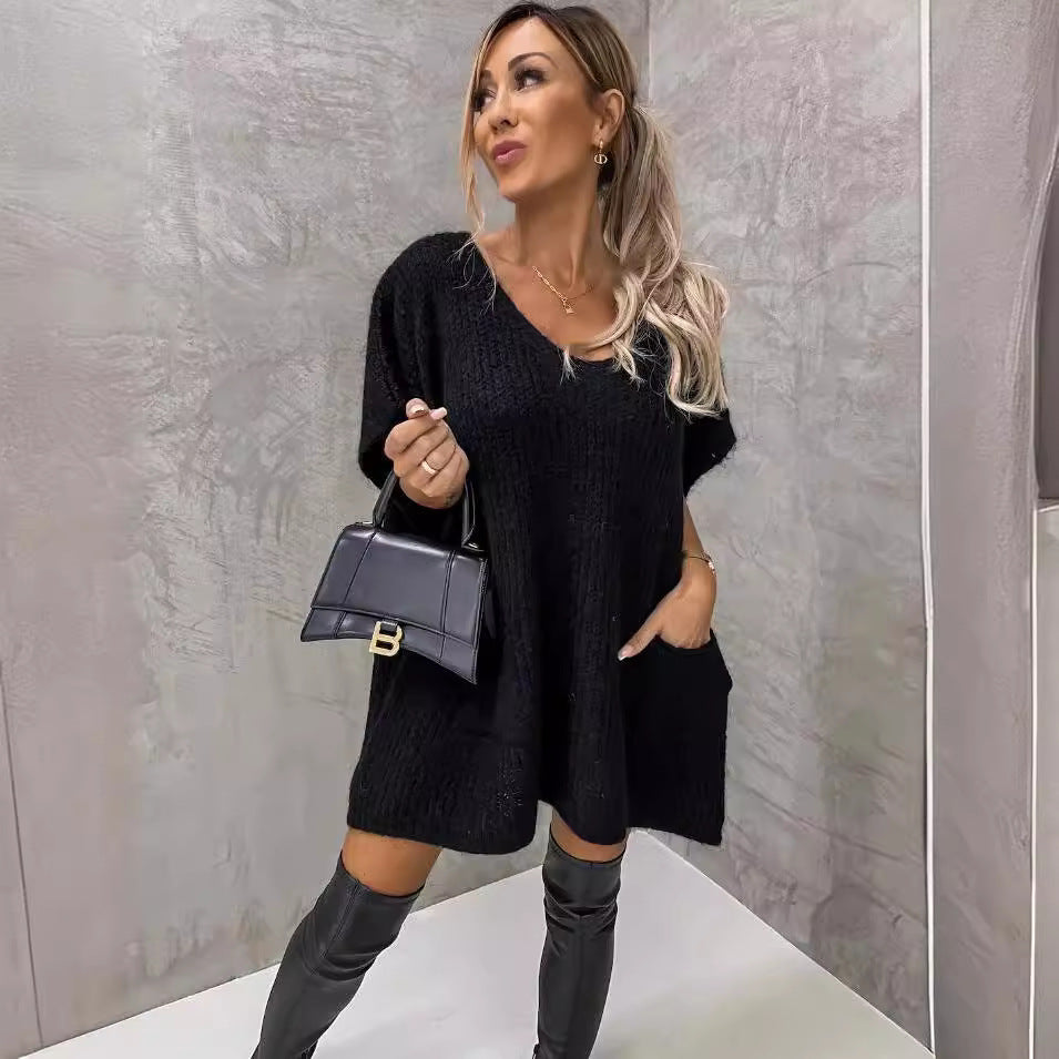 Loose Large Size Pocket Solid Color V-neck Long Sleeve