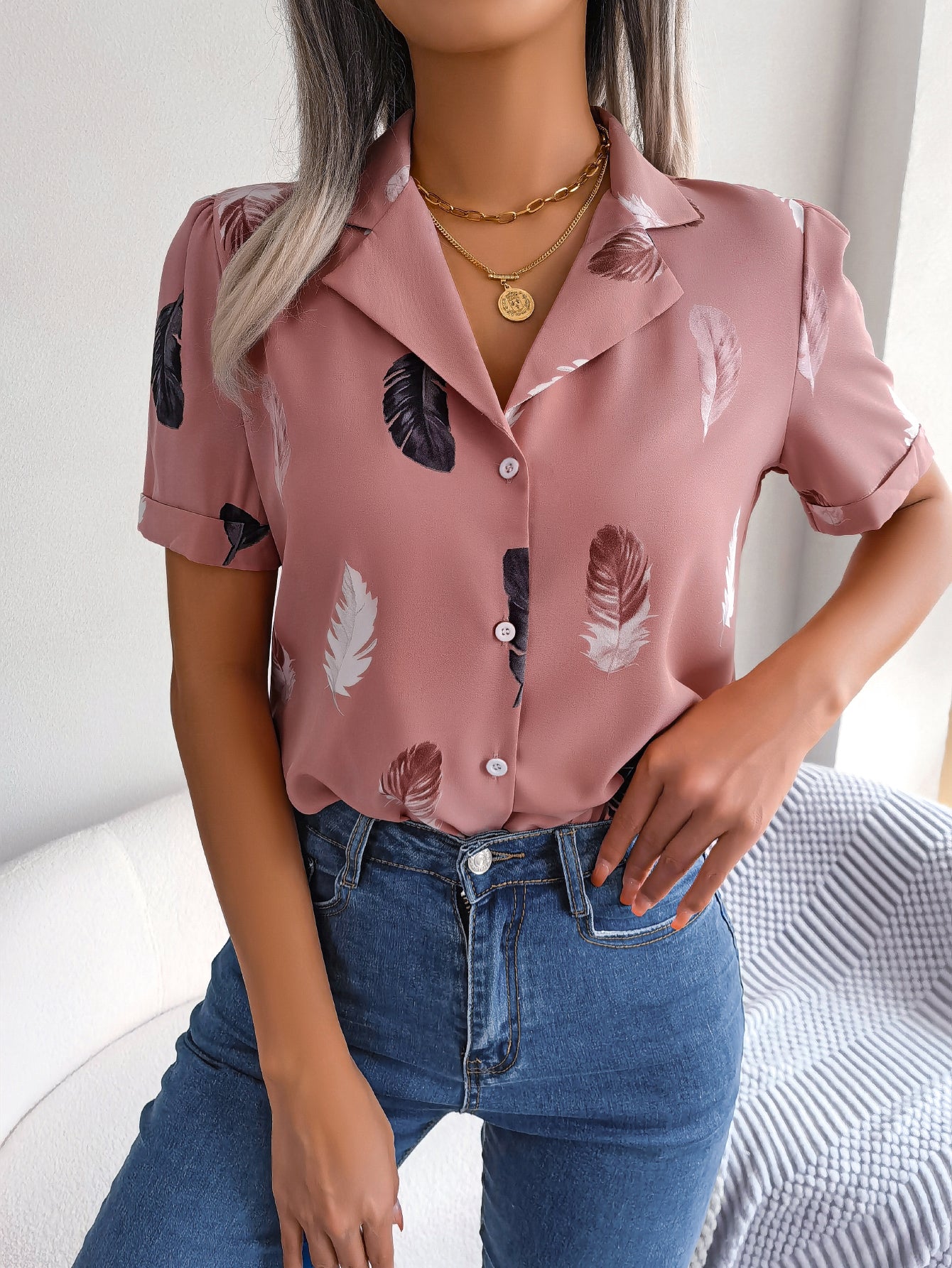Women Elegant Notched Lapel Feather Loose Short Sleeve Shirt