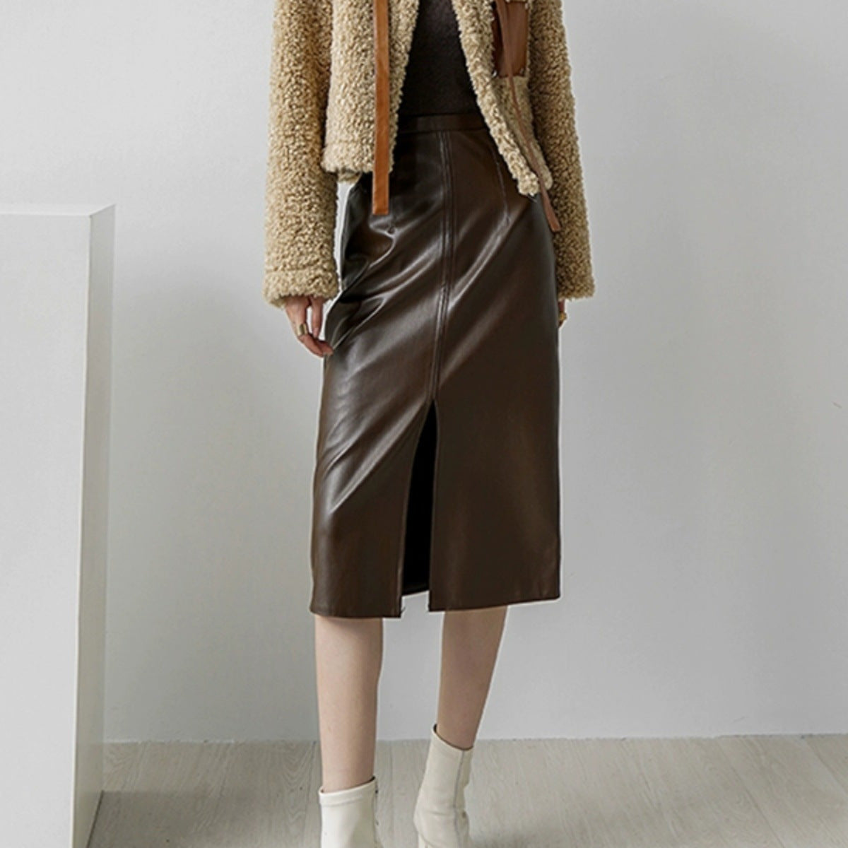 Front Slit Leather Skirt Women's Winter Skirt New