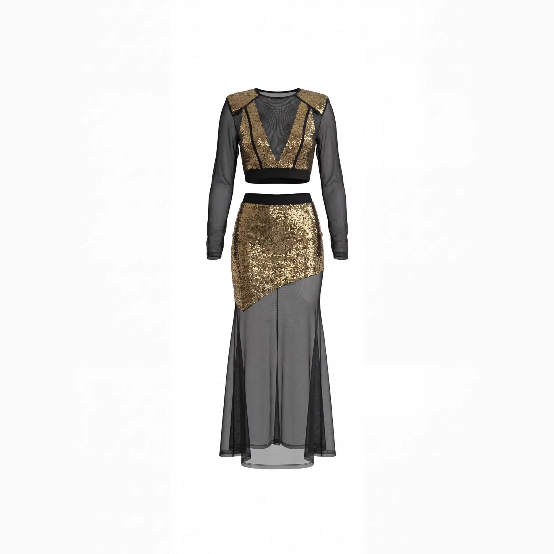 Golden Sequin-embellished Mesh Sheer Two-piece Set Long-sleeve Split Maxi Dress Perfect For Parties And Evening Events