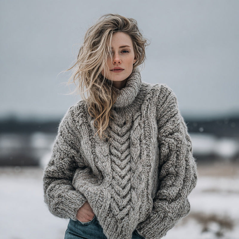 Womens High-neck Pullover Chunky-knit Jacquard Sweater