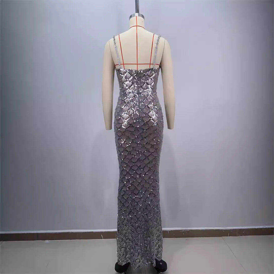 Fashion Backless V Sequined Suspender Ruffled Long Sheath Dress