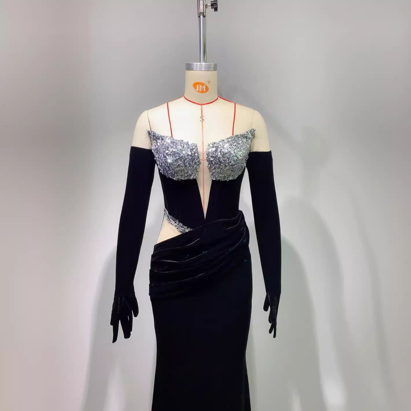 Gloves Hollow-out Low Cut Velvet Tube Top Dress Dinner Party