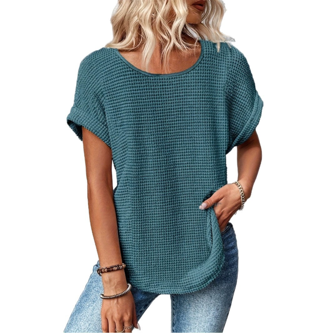 Womens Simple Versatile Lace-Patchwork Crew-Neck Short-Sleeve Top
