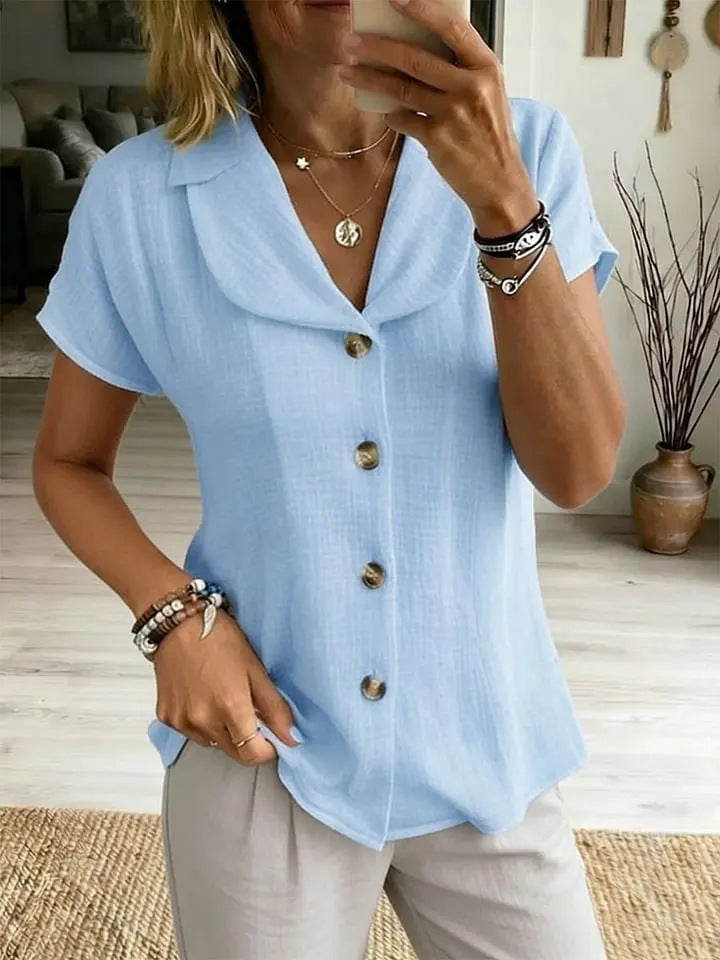 Womens Button-Down Loose Solid-Colored Short-Sleeve Shirt