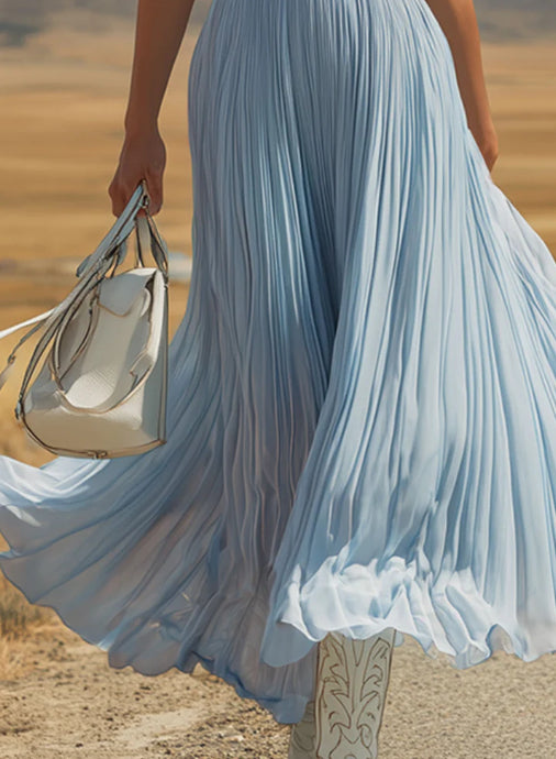 Western Retro Light Blue Chiffon Pleated Sleeveless Maxi Dress