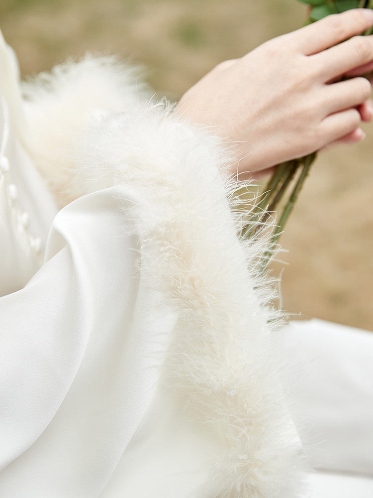 Bride's Ice Silk Cuff Feather Decoration Wedding Morning Robe