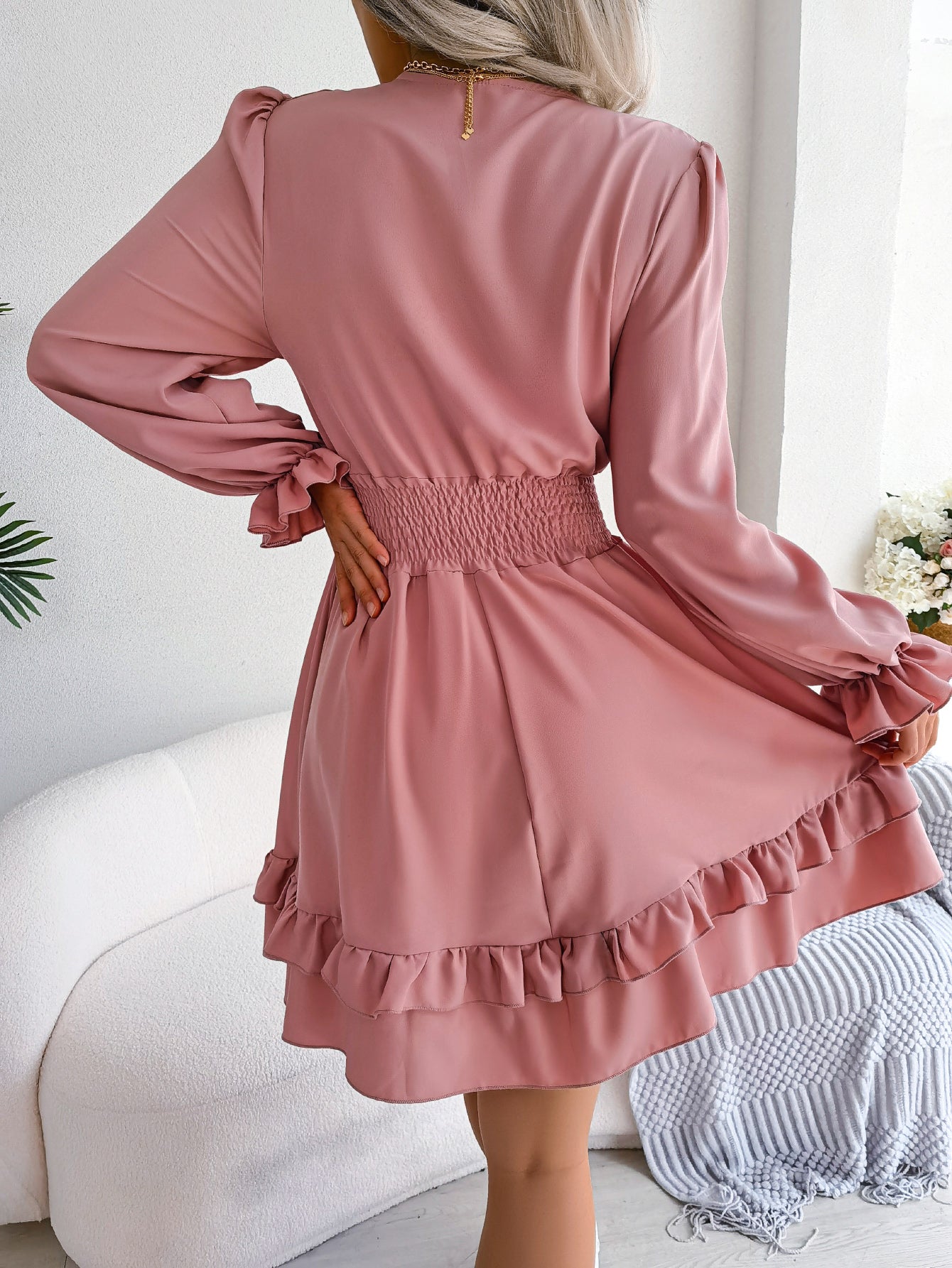 Women Casual Tie Waist Ruffle Trim Flowy Dress