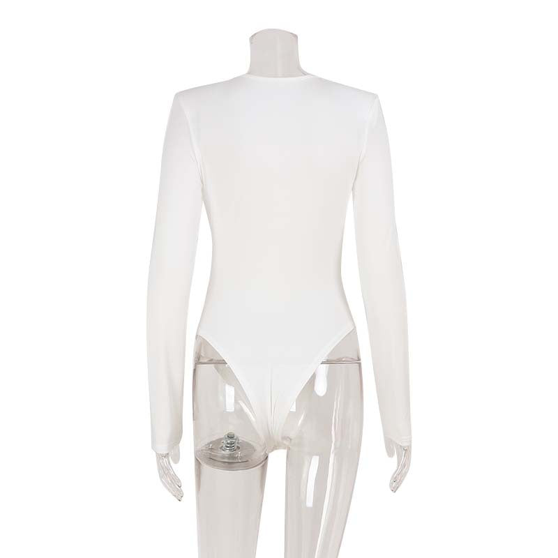 Solid Color High-end Deep V Long-sleeve Padded Shoulder High-elastic Skin-tight Slimming Bodysuit