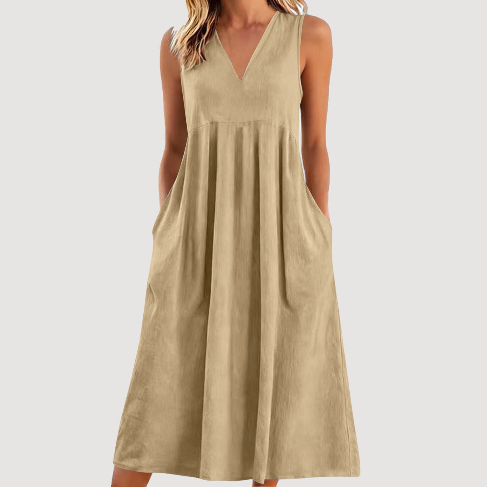 Loose-fitting Cotton-linen Dress With A V-neck And No Sleeves