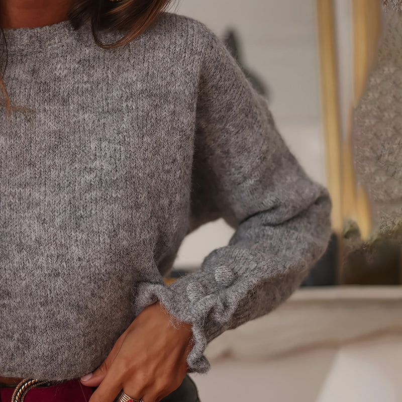 Women's Ruffle Cuff Sweater - Soft Round Neck Long Sleeve Casual Top For Chic Everyday Outfits