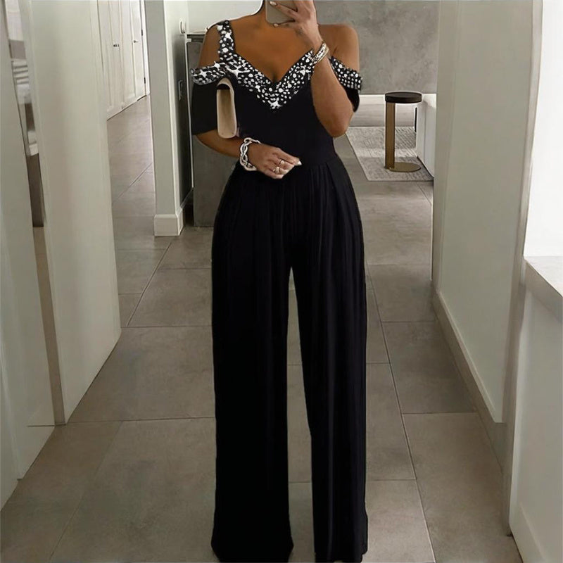 Plus Size Women's Solid Color V-Neck Jumpsuit With Rhinestone Detail - Wide Leg Romper For Spring&Summer