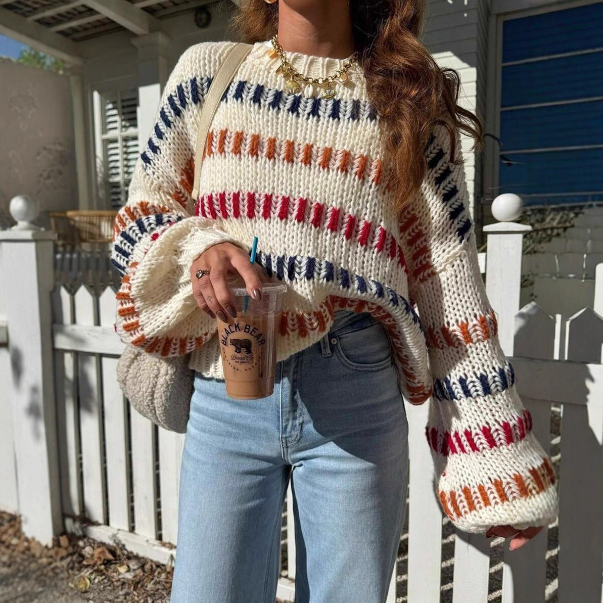 Casual Fashionable Retro Loose-fit Sweater With Batwing Sleeves
