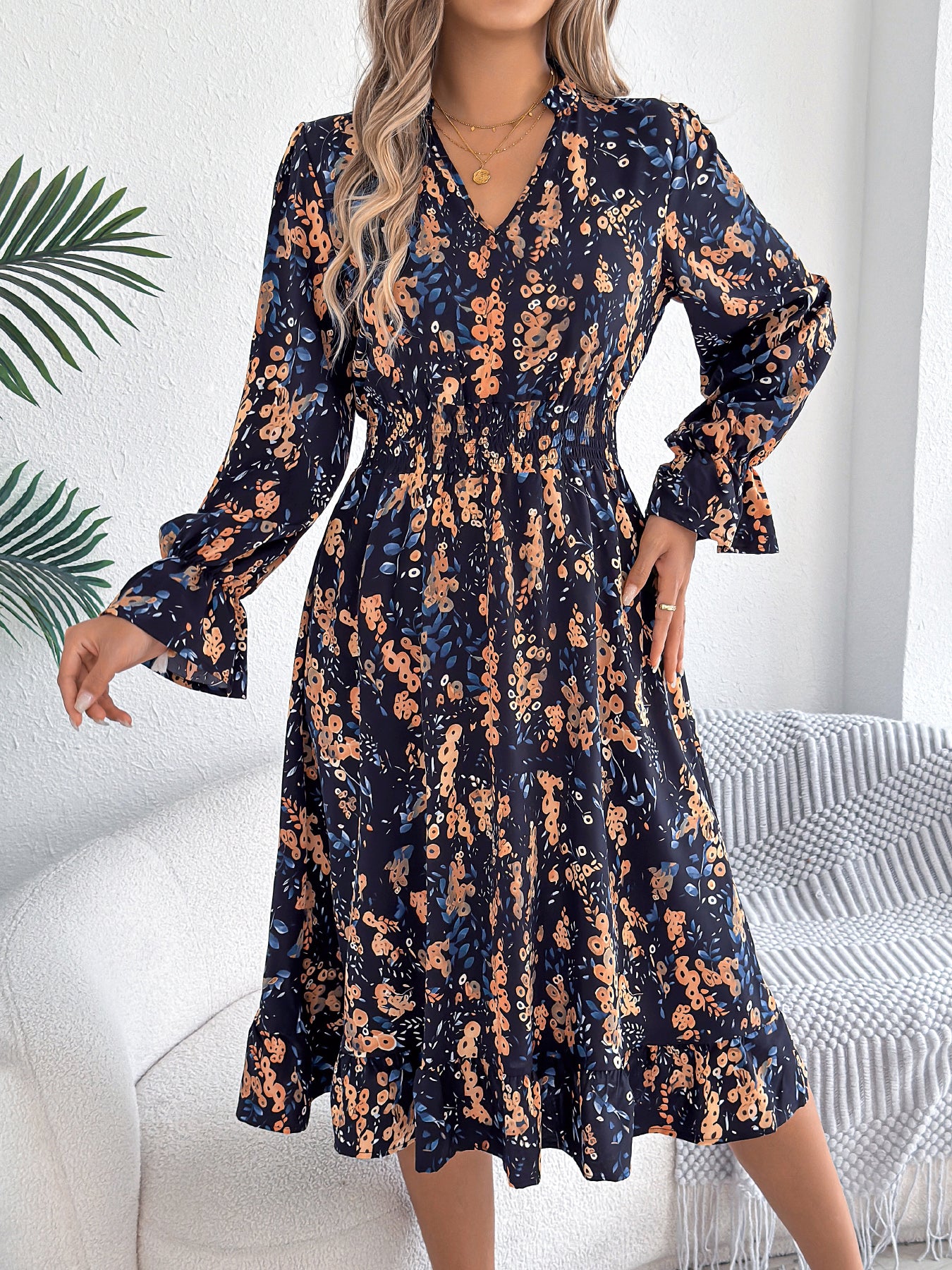 Women's Casual Floral Print Bell Sleeve Tie Waist A-Line Dress