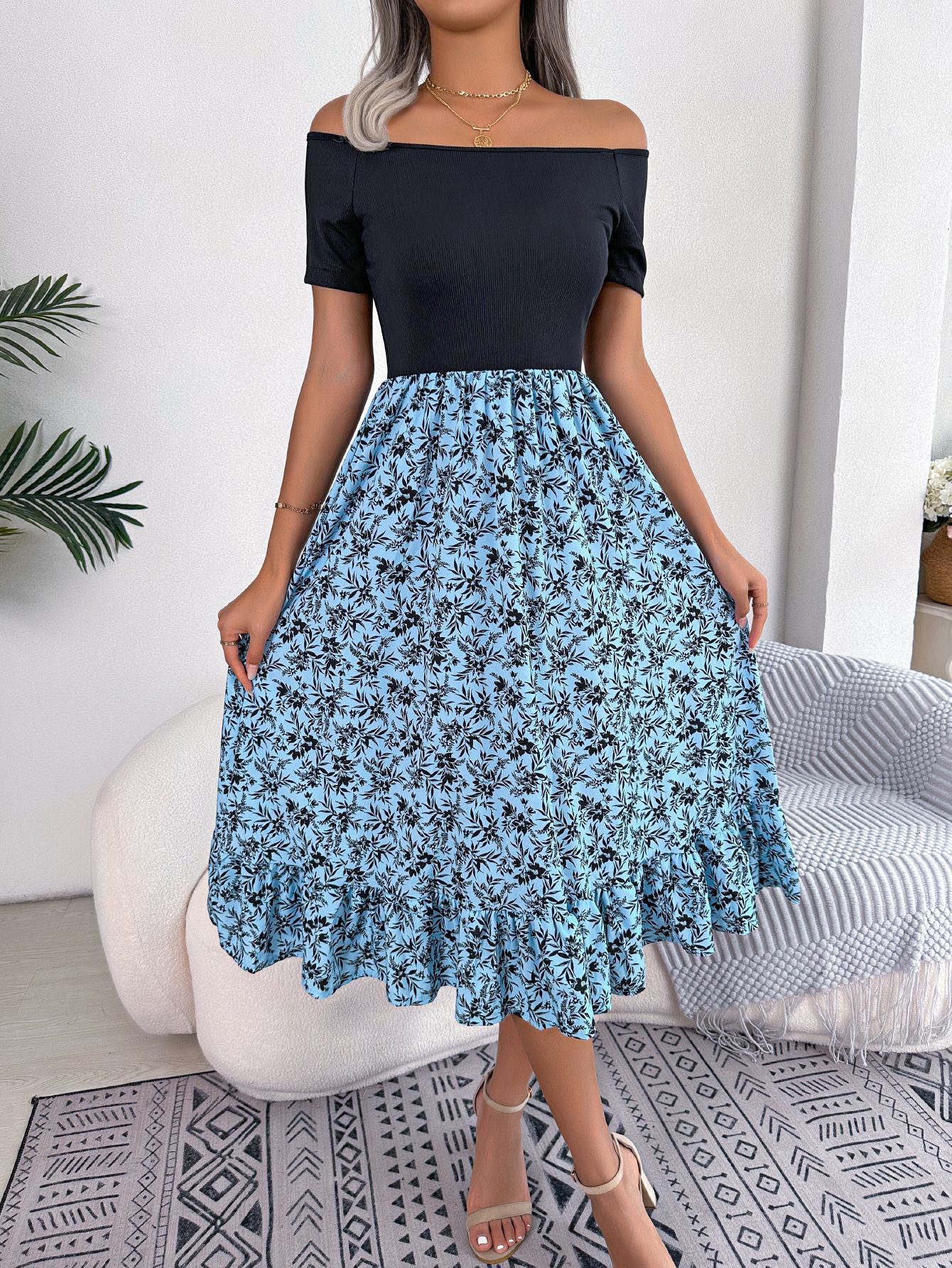 European And American-style Casual Off-shoulder Floral Dress