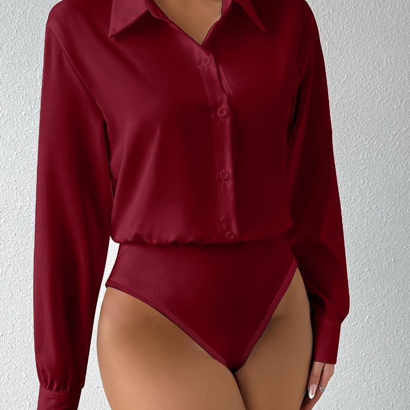 New Button Front Long Sleeve Jumpsuit Elegant Solid Color