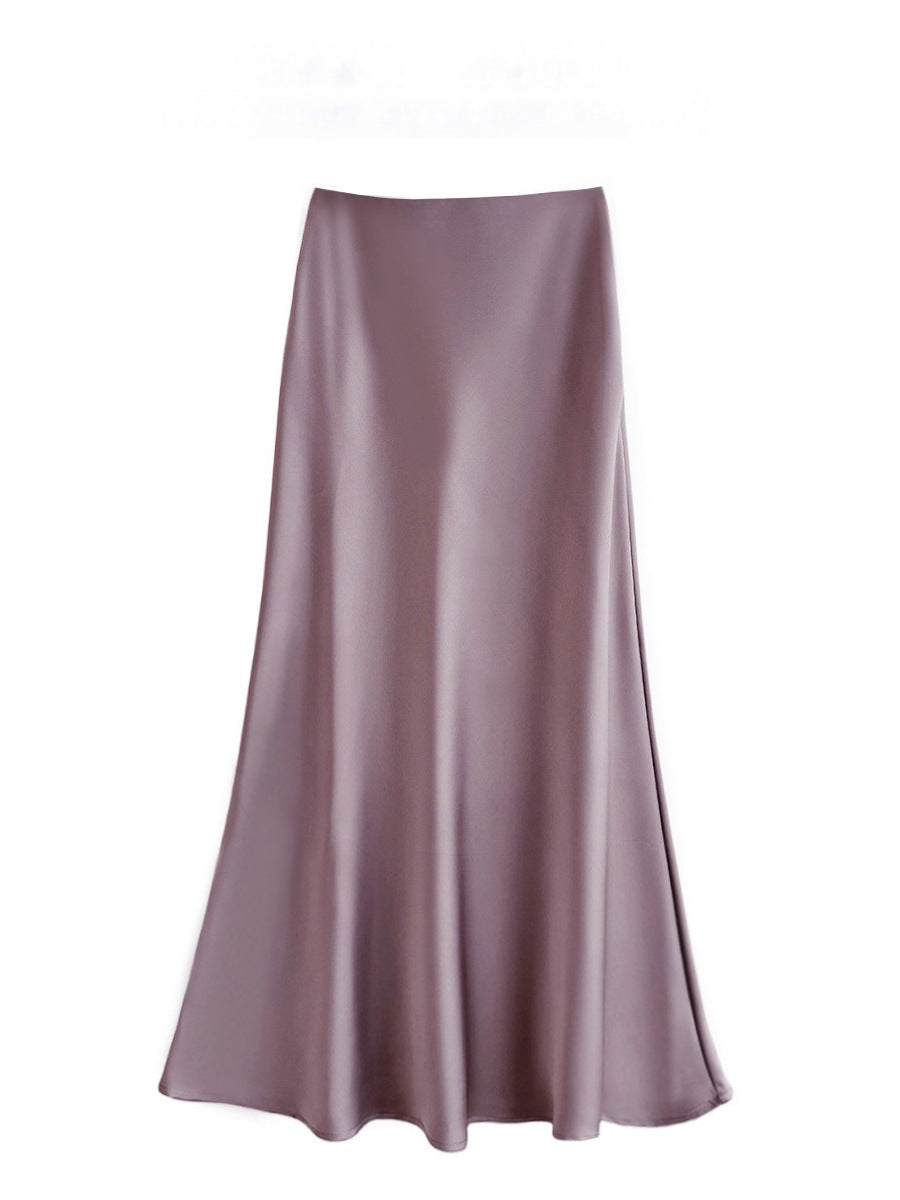 High Waist Mid-length Satin Acetate Silky Skirt