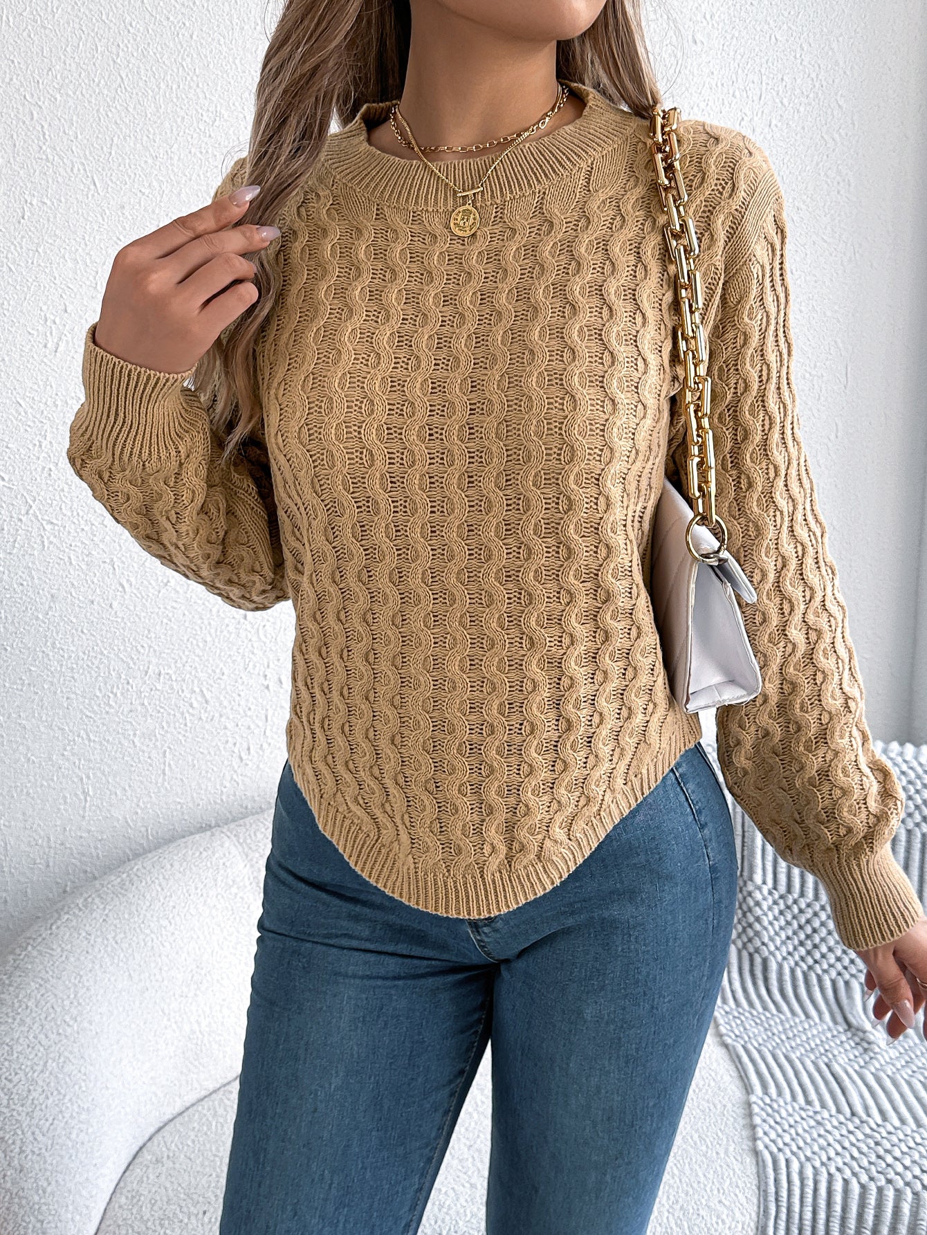 Women Casual Solid Color Cable Knit Lantern Sleeve Irregular Pullover Sweater