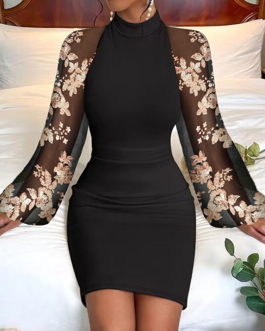 Womens Crew-Neck Lace Long-Sleeve Bodycon Waist-Cinching Dress