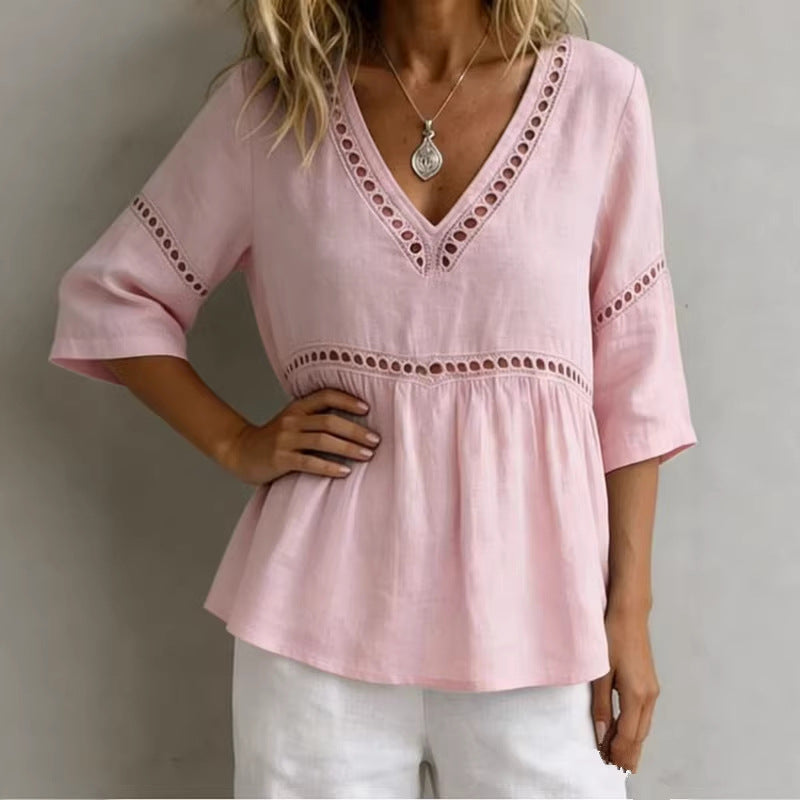 Solid-color V-neck Hollow-out Casual Fringed Top