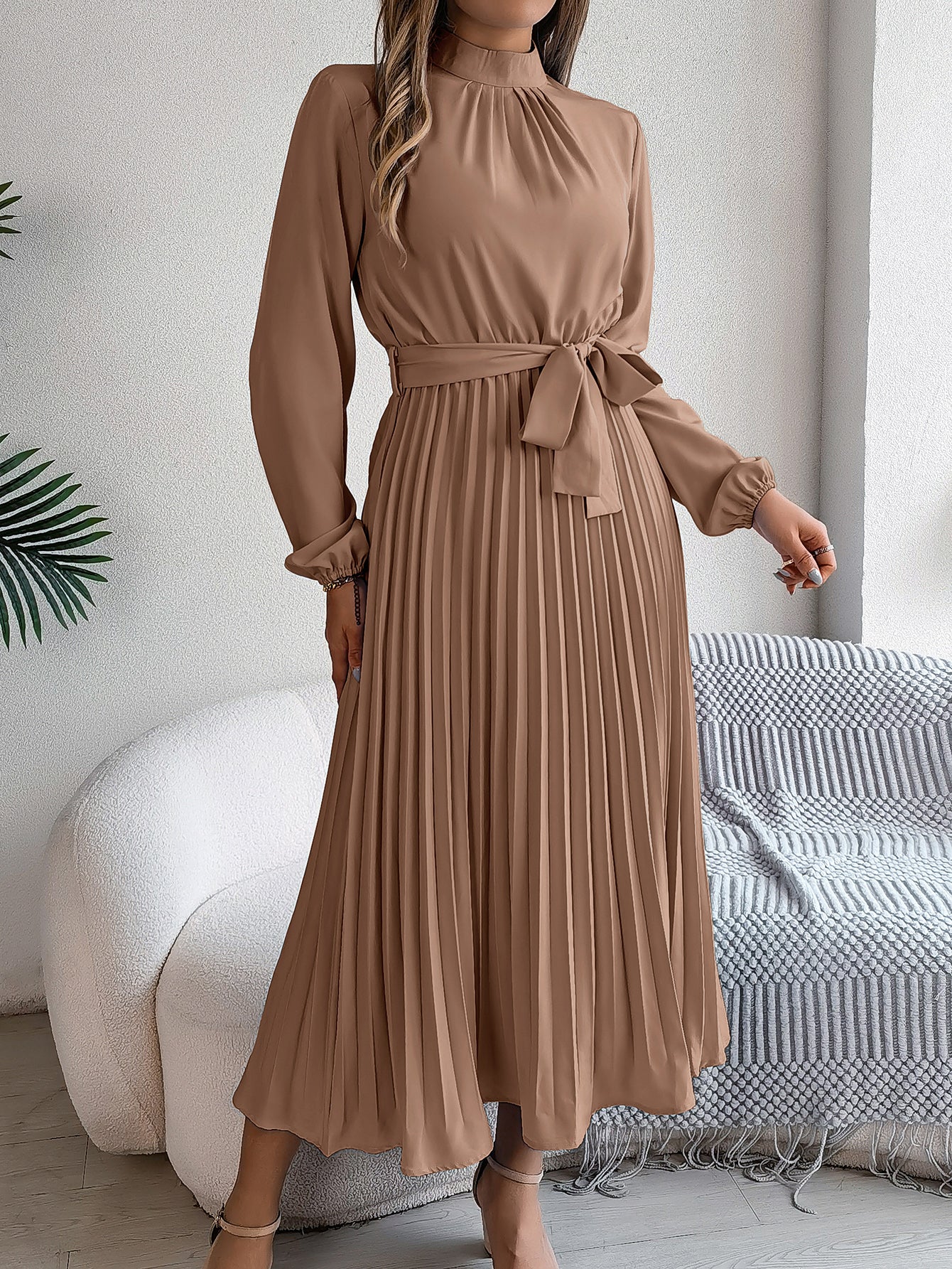 Women's Elegant Stand Collar Long Sleeve Tie Waist Pleated Maxi Evening Dress