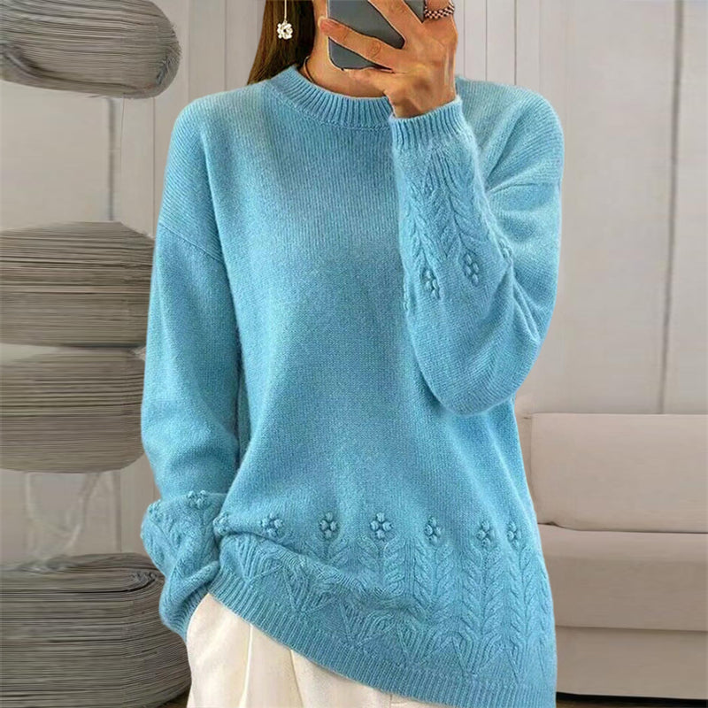 Women's Solid Color 3D Floral Embroidered Sweater, Loose Round Neck Long Sleeve Pullover For Autumn & Winter