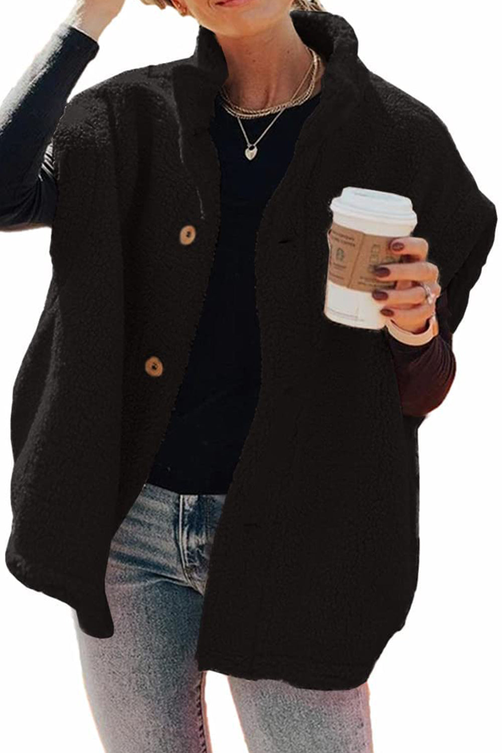 Cappotto gilet con colletto alla coreana con maniche in sherpa nero