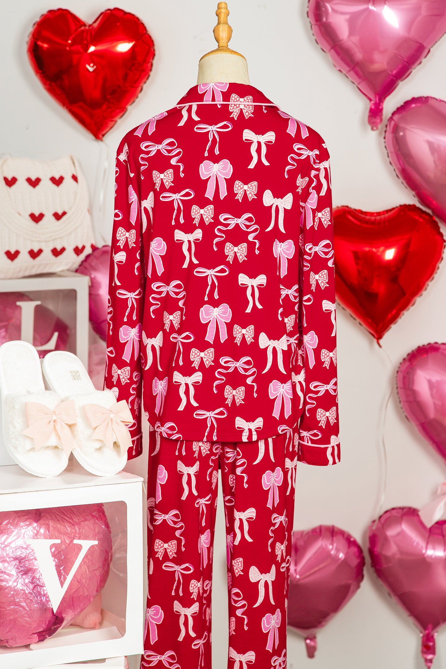 Red Sweet Bow Print Shirt Style Top Long 2pcs Pajama Set