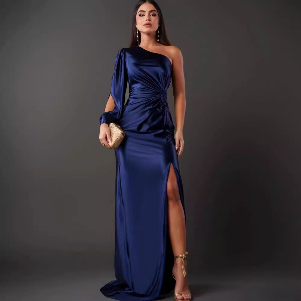 Women's One-shoulder Split Dress Ins Fashion Long-sleeved Slim Long Dresses Party Evening Clothing