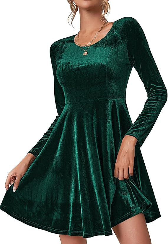 Womens Solid-Color Long-Sleeve Crew-Neck Velvet Maxi Dress For Valentines Day