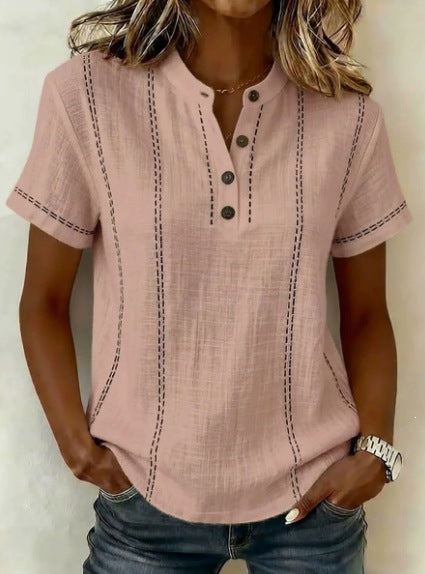 Casual Short-Sleeve Stand-Collar Solid-Color Patchwork Womens Shirt