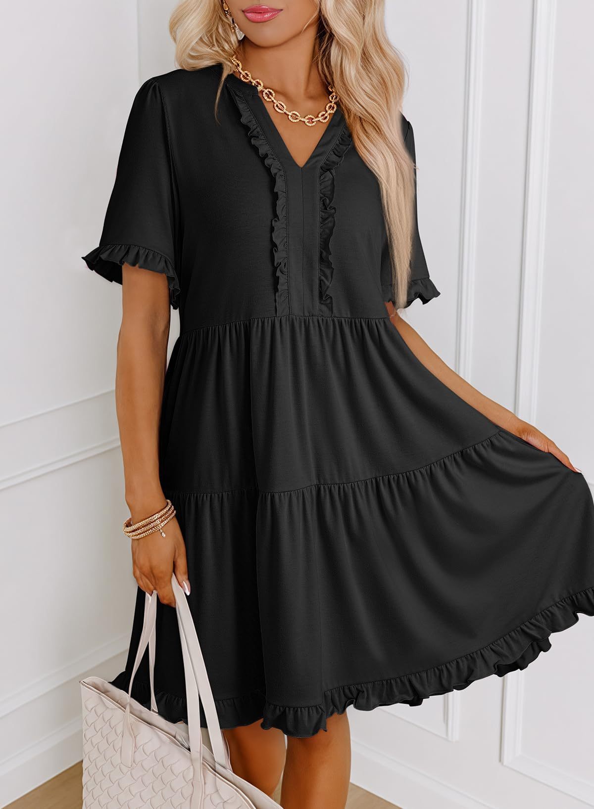 Womens Dresses Summer Spring V Neck Short Sleeve Casual A Line Flowy Swing Dress Mini Dress