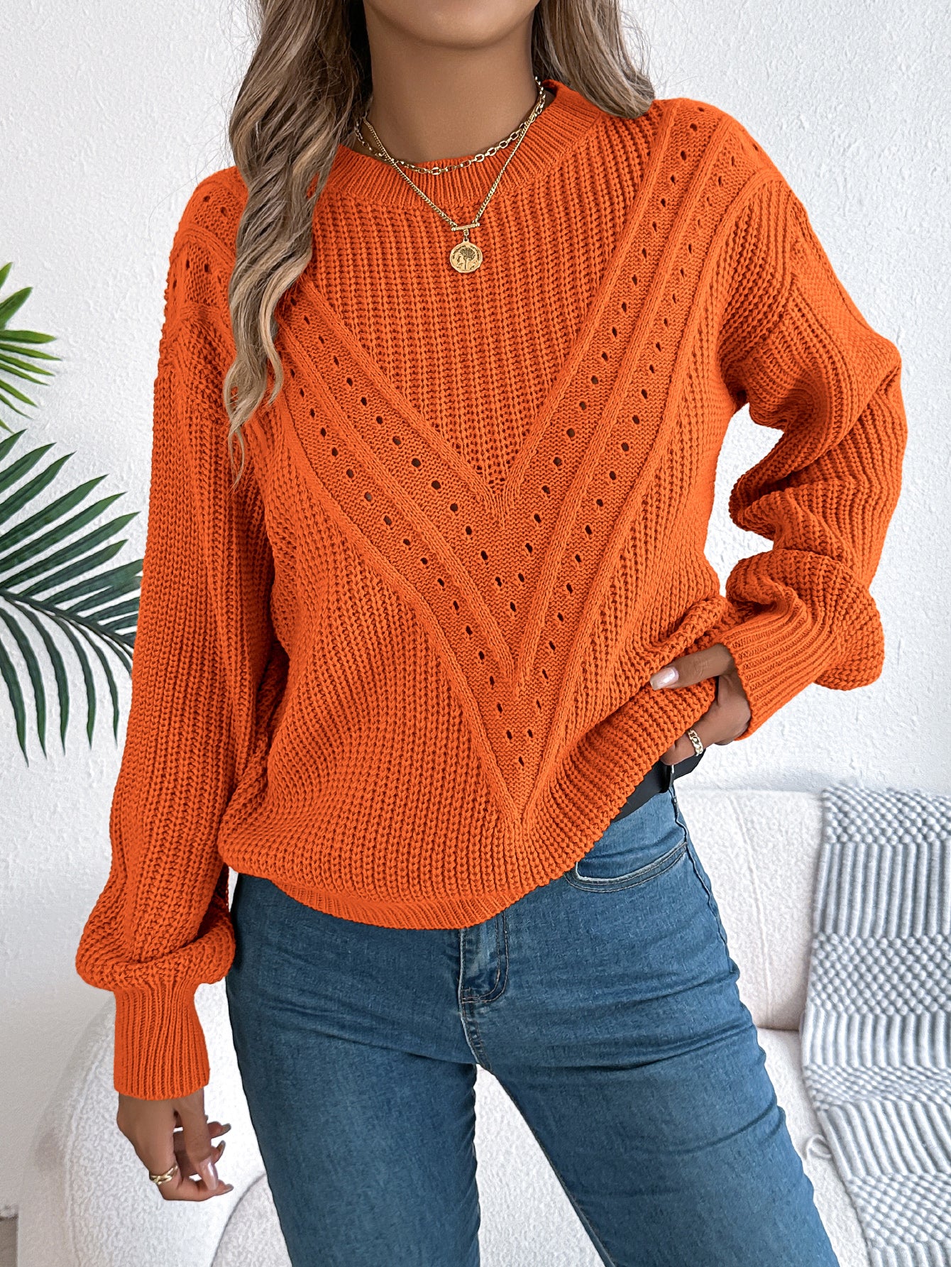 Women Casual Solid Color V-Neck Hollow Out Lantern Sleeve Pullover Sweater