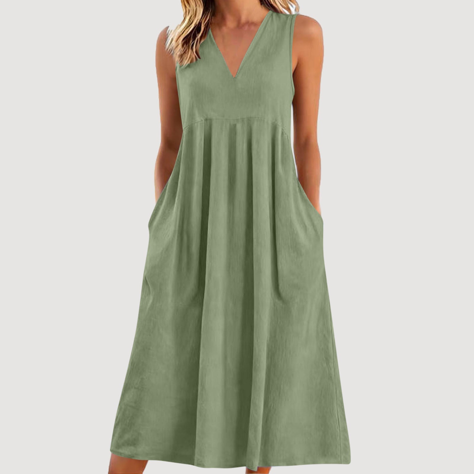 Loose-fitting Cotton-linen Dress With A V-neck And No Sleeves